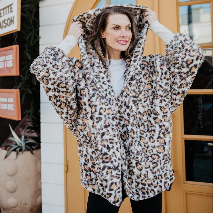 Tan Leopard Lightweight Hoodie Jacket with Pockets
