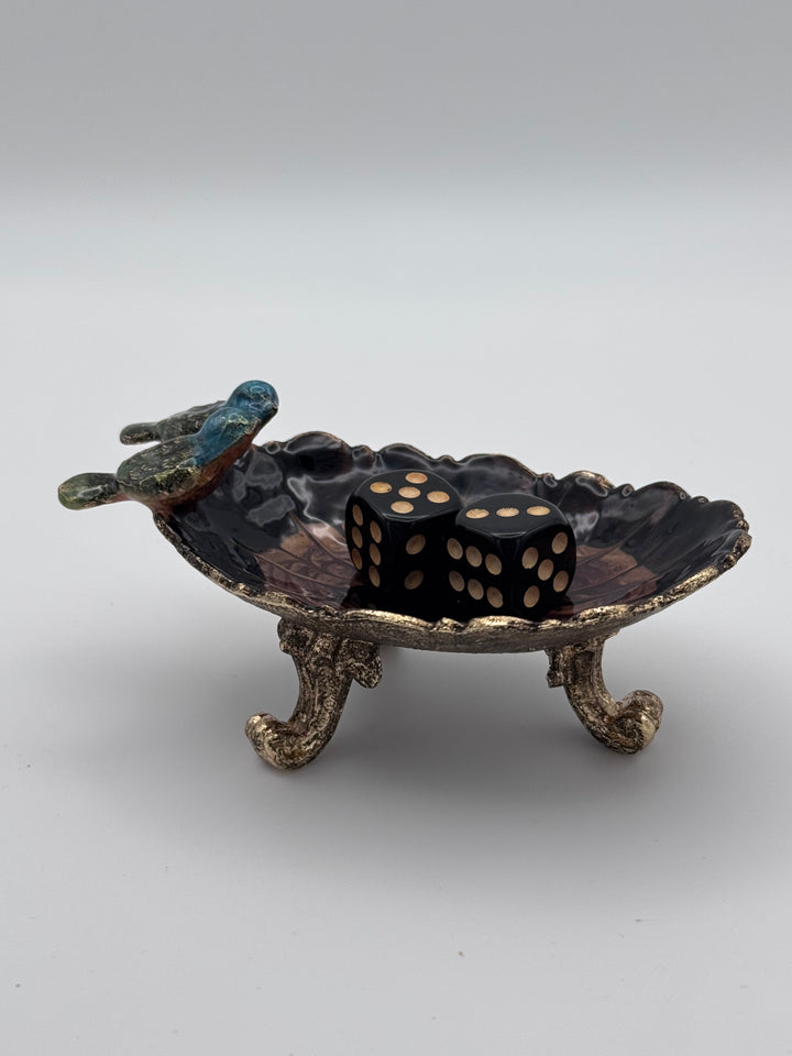 Enameled Pewter Footed Trinket Dish with Birds