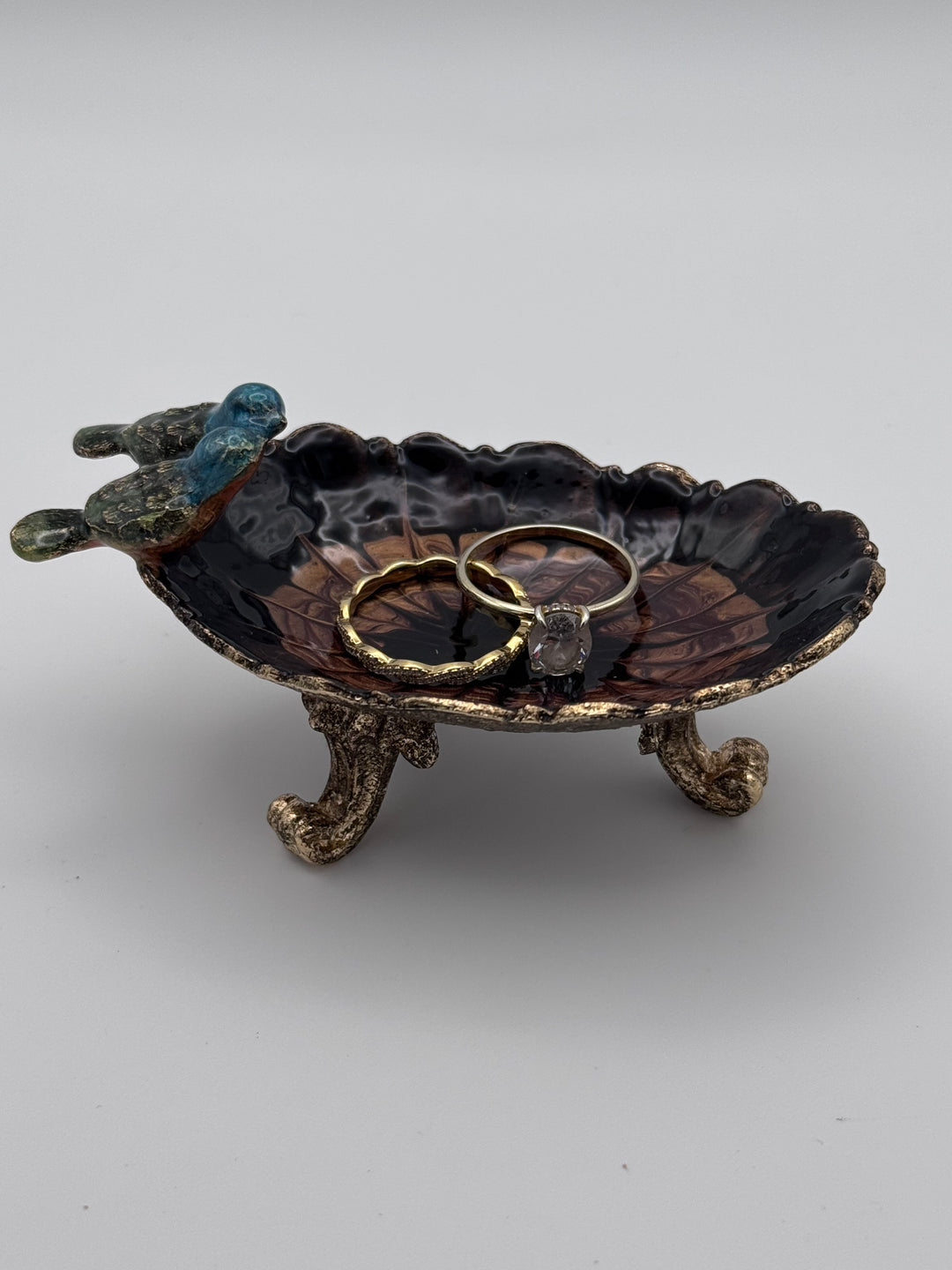 Enameled Pewter Footed Trinket Dish with Birds