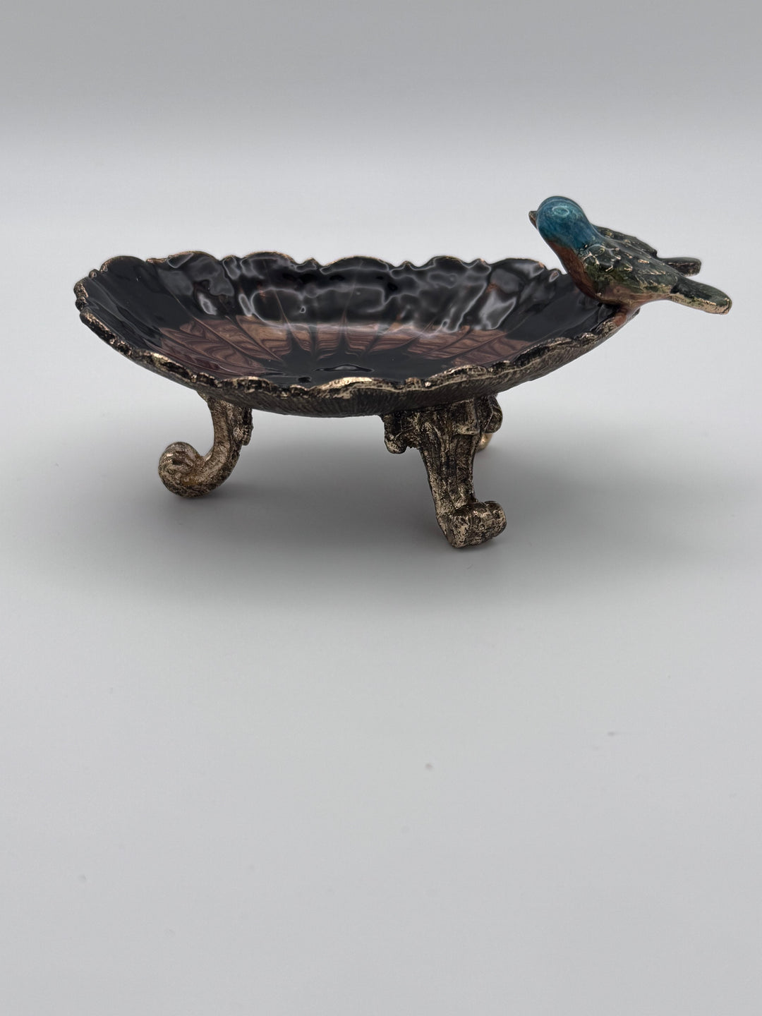Enameled Pewter Footed Trinket Dish with Birds
