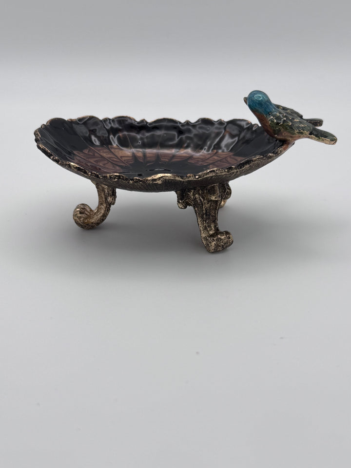 Enameled Pewter Footed Trinket Dish with Birds