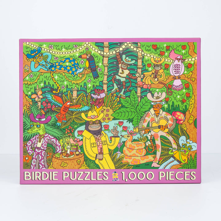 Colorful puzzle box with jungle-themed design and &