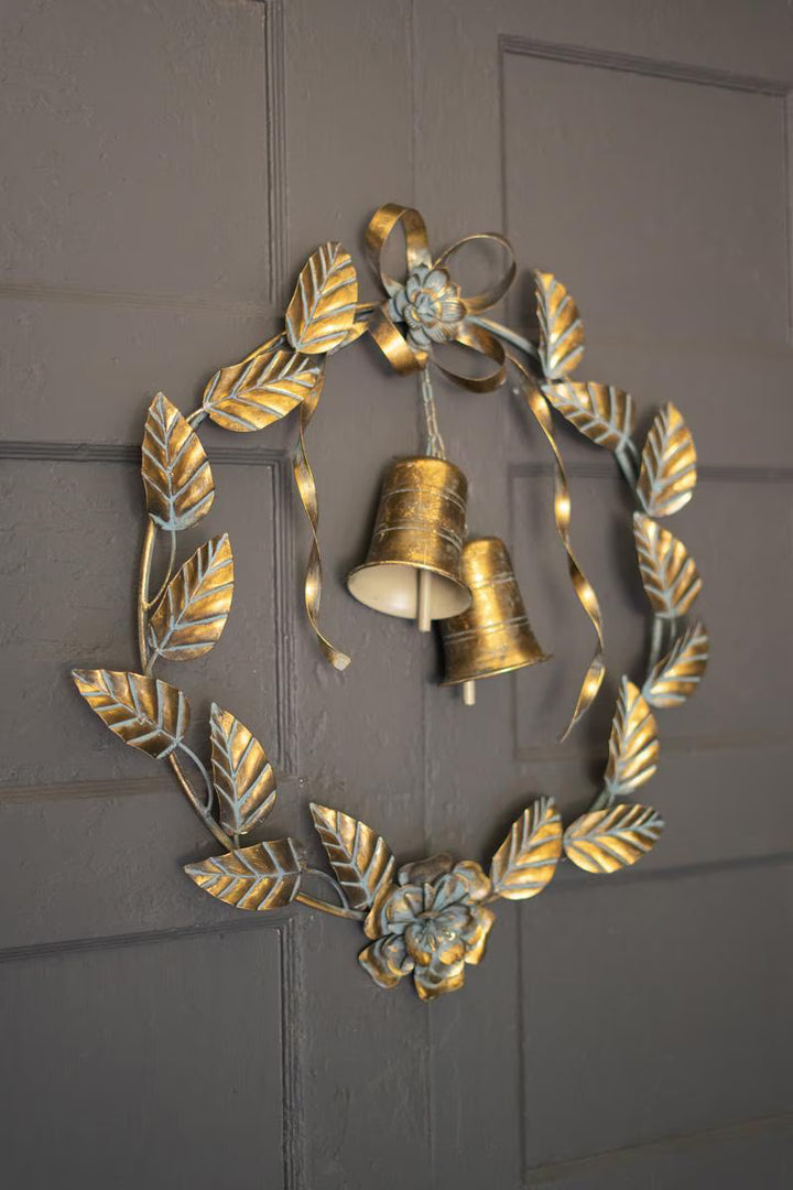 26" Brass Christmas Wreath with Leaves &amp; Bells
