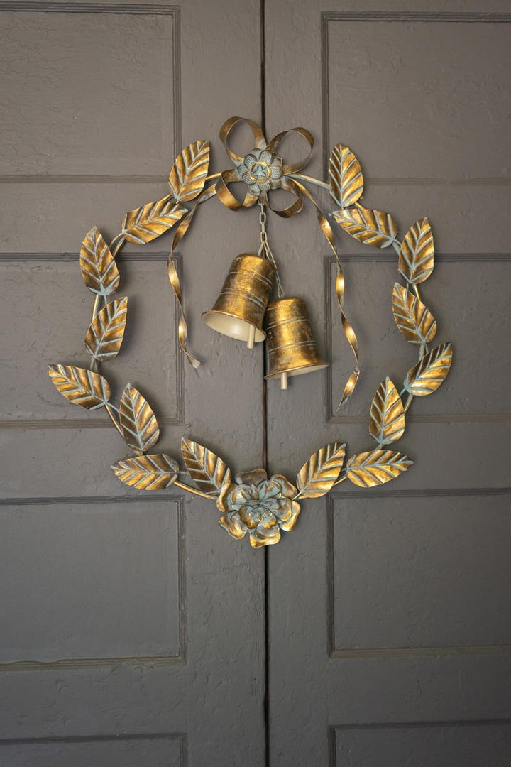 26" Brass Christmas Wreath with Leaves &amp; Bells