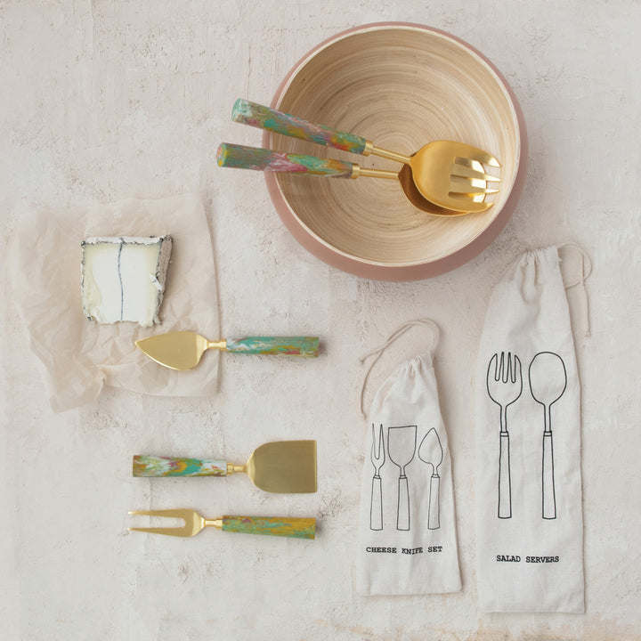 Marbled &amp; Gold Cheese Knives , Set of 3 in Drawstring Bag