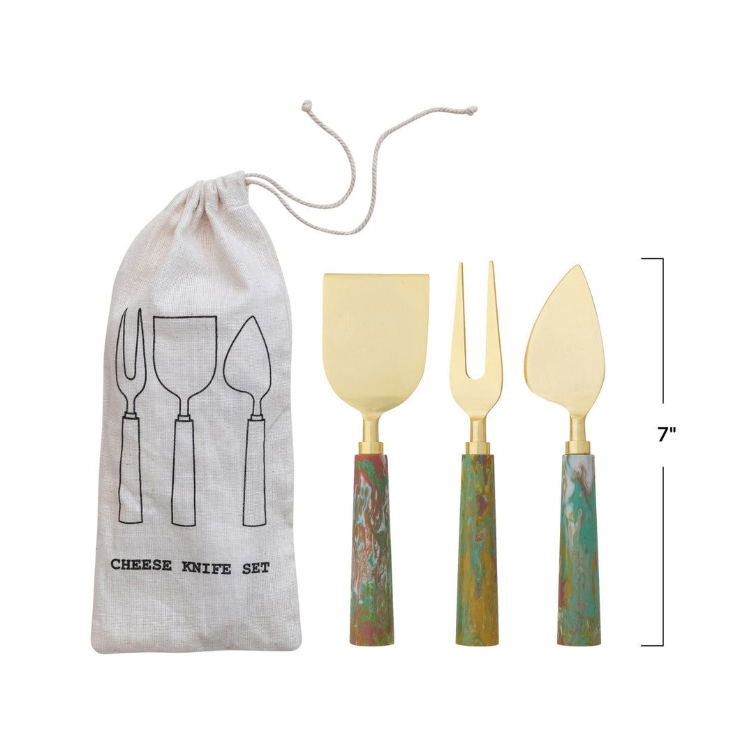 Marbled &amp; Gold Cheese Knives , Set of 3 in Drawstring Bag