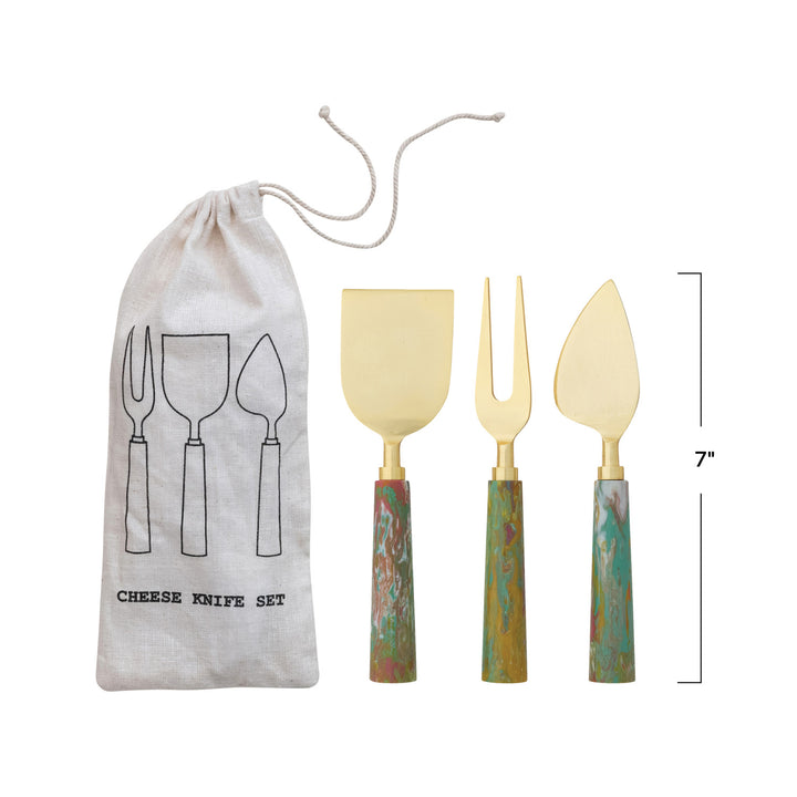 Marbled &amp; Gold Cheese Knives , Set of 3 in Drawstring Bag