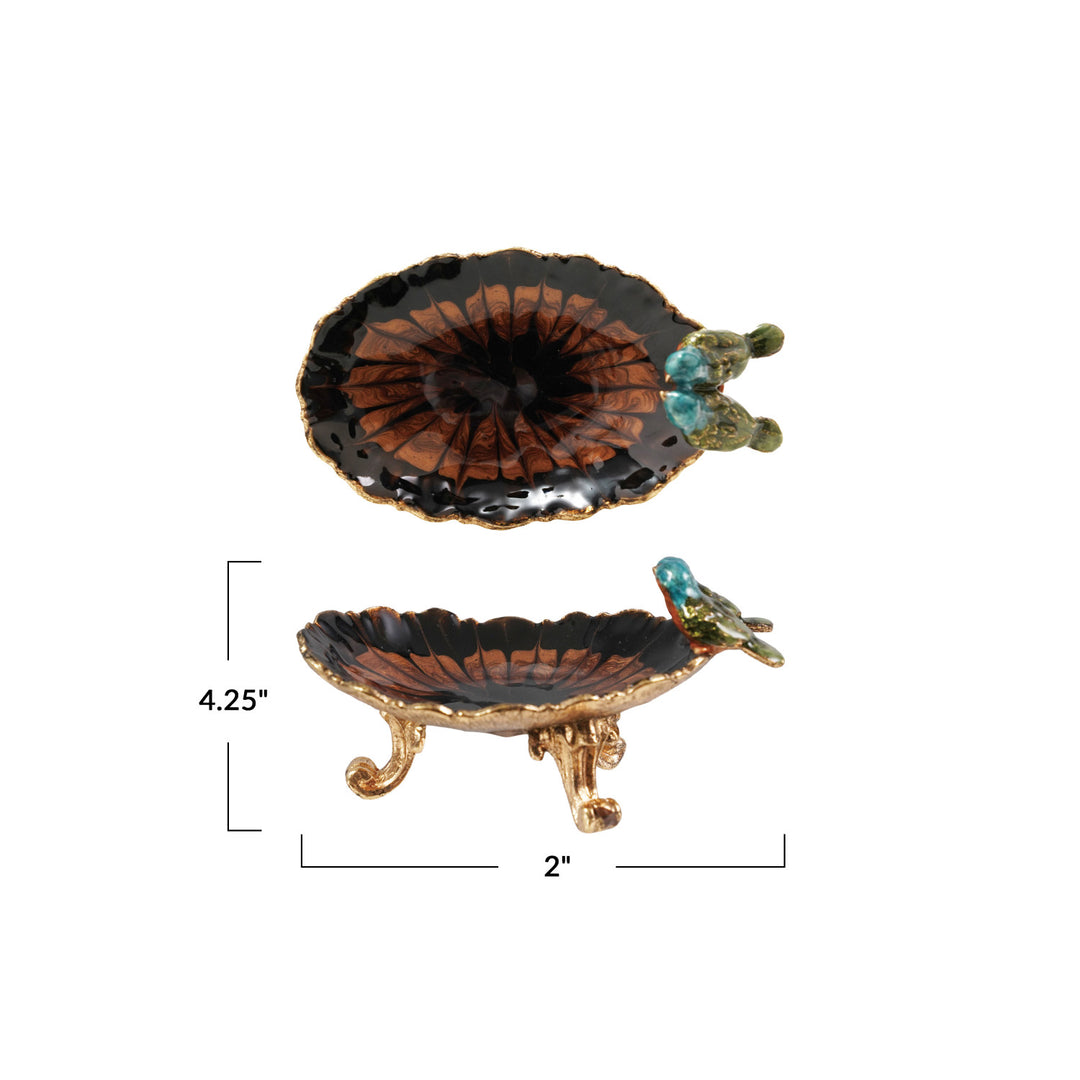 Enameled Pewter Footed Trinket Dish with Birds