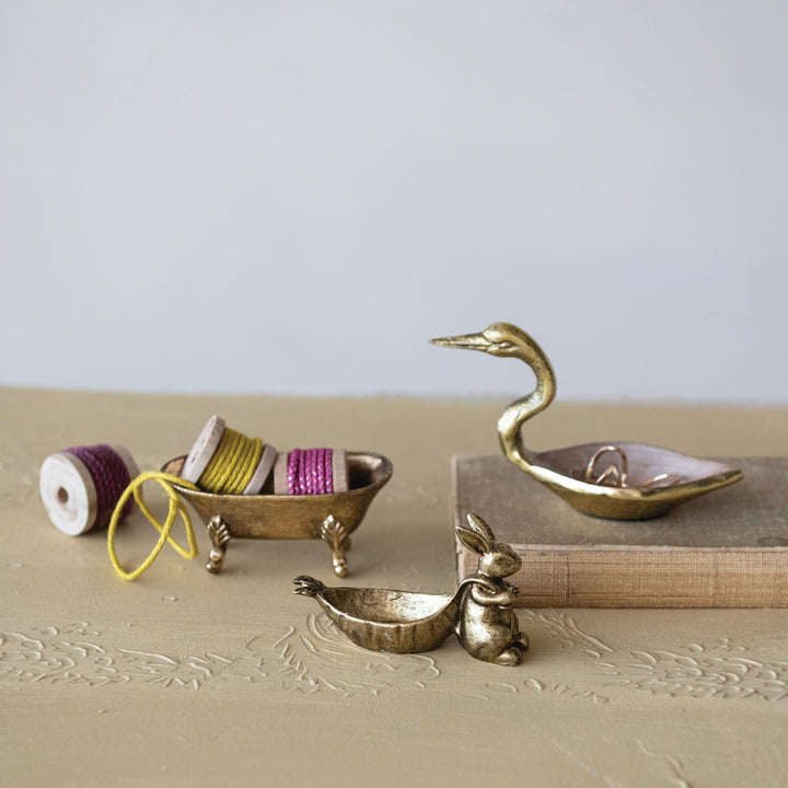 Enameled Bird Trinket Dish, Antique Gold &amp; Blush