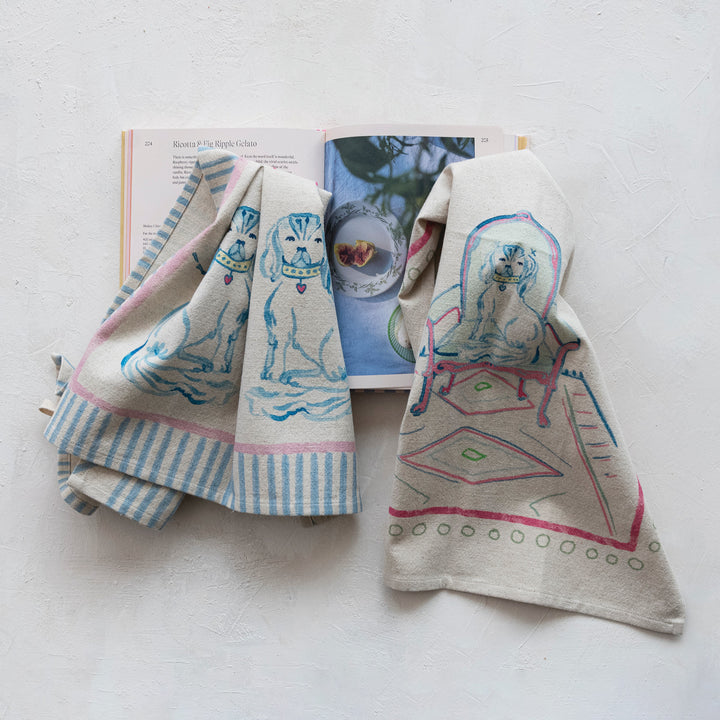 Cotton &amp; Linen Tea Towel with Dogs - 2 Styles