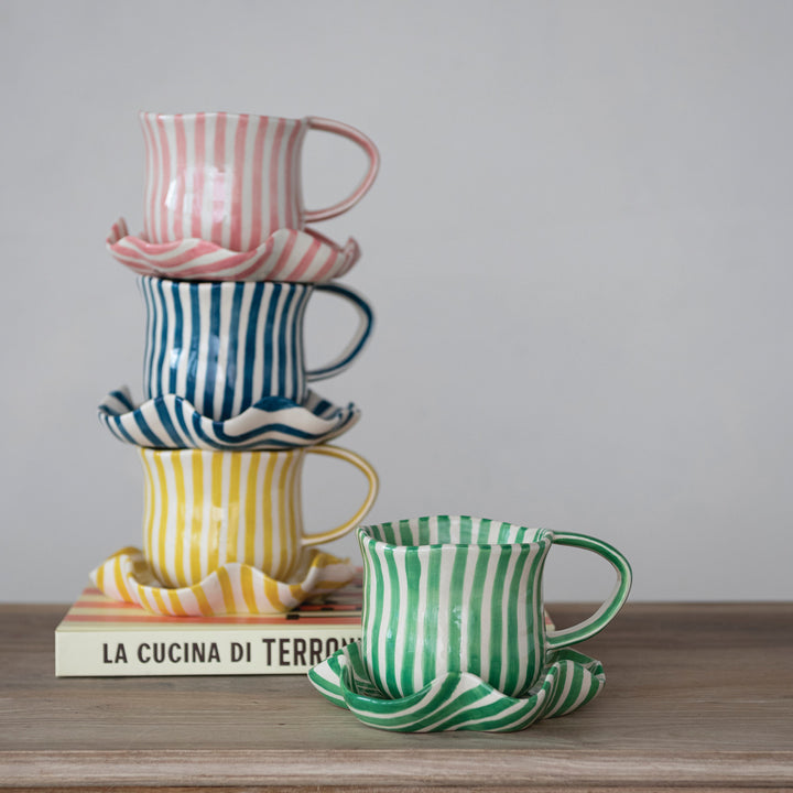 Hand-Painted Mug with Ruffled Saucer - 4 Colors