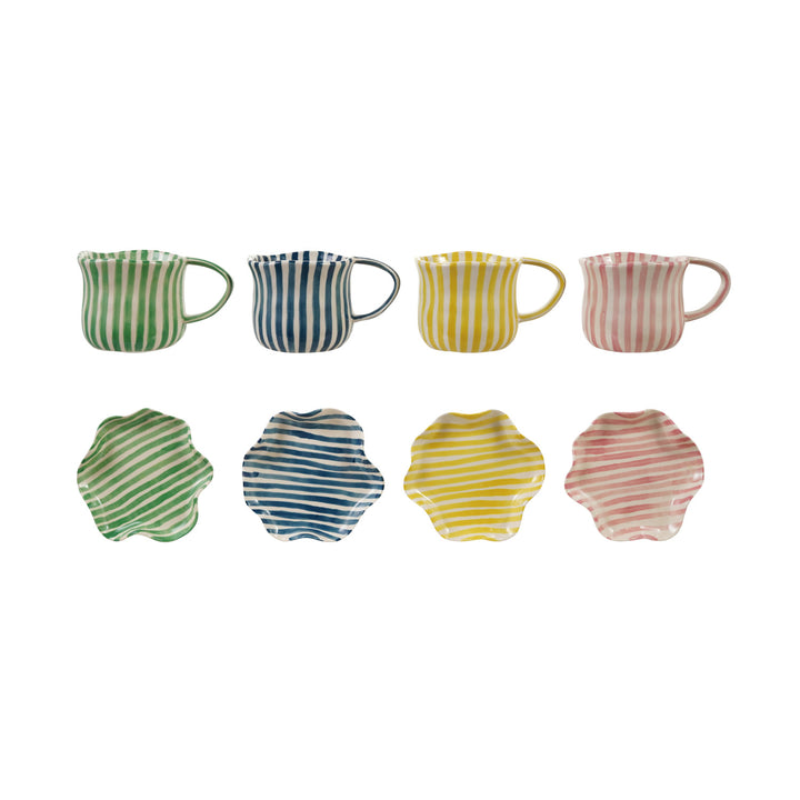 Hand-Painted Mug with Ruffled Saucer - 4 Colors