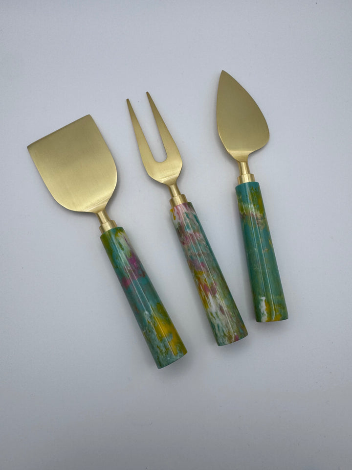 Marbled &amp; Gold Cheese Knives , Set of 3 in Drawstring Bag