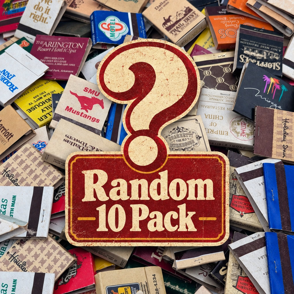 A dense pile of vintage matchboxes in various colors and designs, featuring printed hotel, restaurant, and business names across the surfaces.