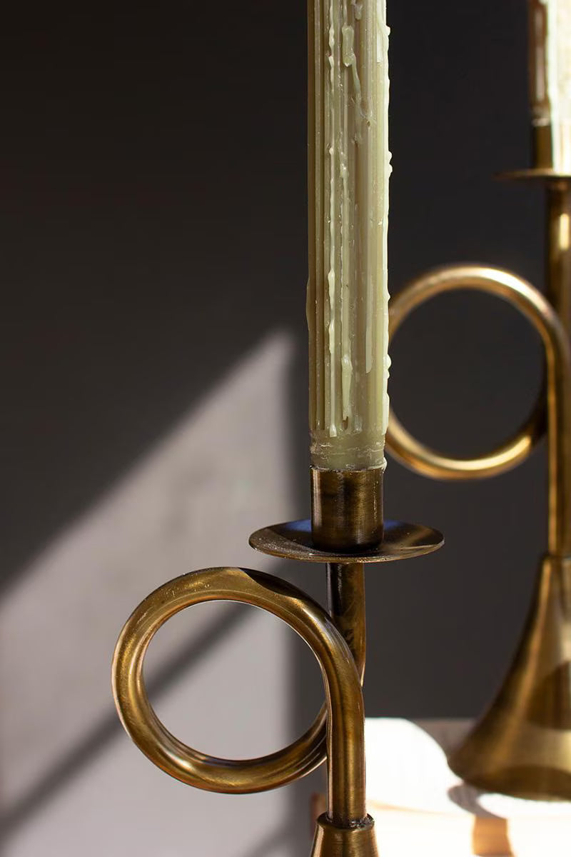 Antique Brass Trumpet Taper Candle Holders, Set of 3