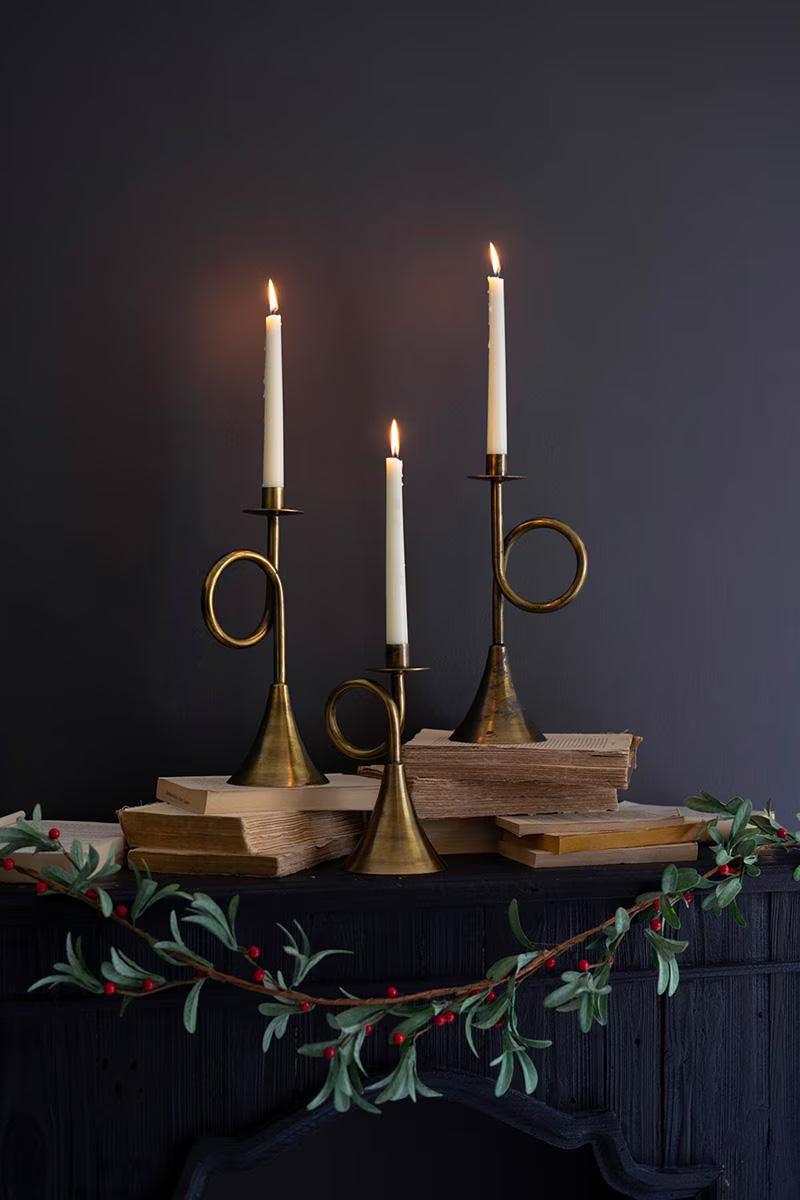 Antique Brass Trumpet Taper Candle Holders, Set of 3