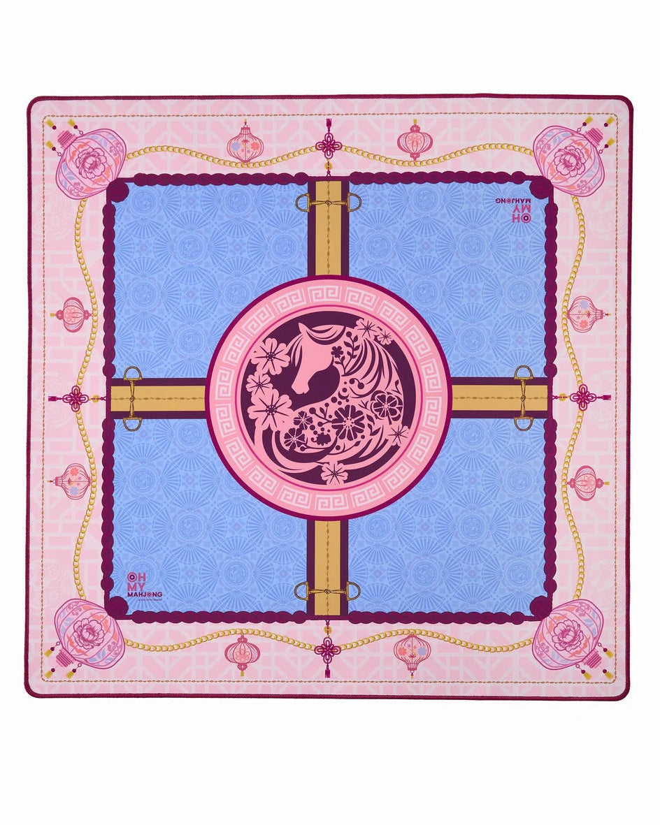 A square silk scarf featuring a traditional Chinese-inspired design with a central pink and purple rooster motif, surrounded by a light blue patterned field, pink borders, and gold decorative accents.