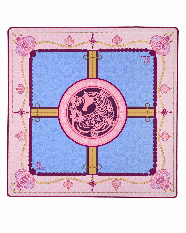A square silk scarf featuring a traditional Chinese-inspired design with a central pink and purple rooster motif, surrounded by a light blue patterned field, pink borders, and gold decorative accents.