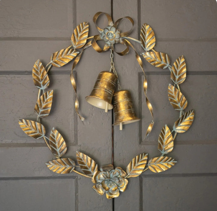 26" Brass Christmas Wreath with Leaves &amp; Bells