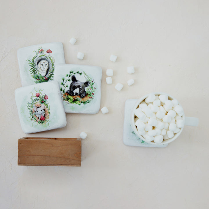 Woodland Animals Resin Coasters in Wood Box, Set of 4