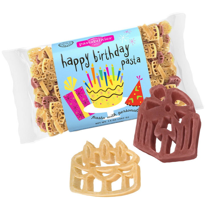 Happy Birthday pasta with decorative shapes and packaging on a white background