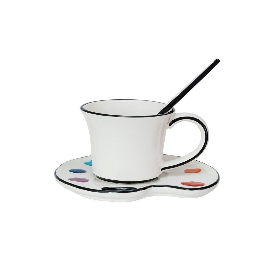 Ceramic Paint Palette Saucer w/ Teacup &amp; Brush Shaped Stirrer, Set of 3