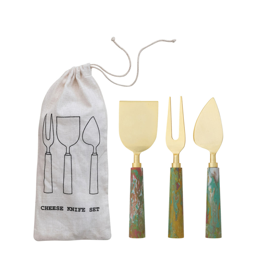 Cheese Knives w/ Marbled Resin Handles, Set of 3 in Drawstring Bag (Each One Will Vary)