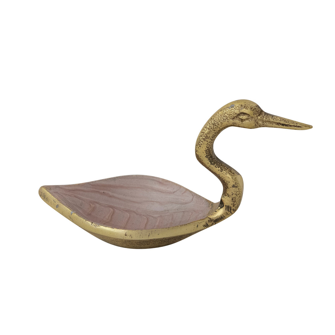 6-1/4"L x 2-1/4"W Enameled Cast Aluminum Bird Bowl, Antique Gold Finish &amp; Blush Color
