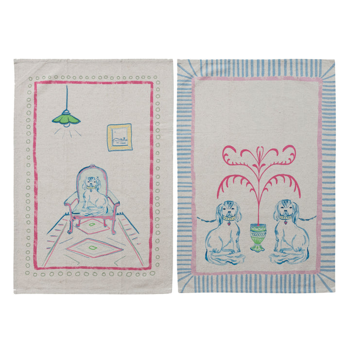 Cotton &amp; Linen Tea Towel with Staffordshire Dog Scene, 2 Styles