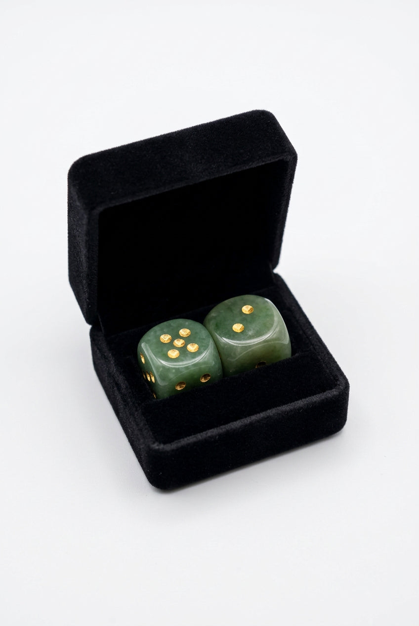 A pair of dark green translucent jade dice with small gold dots, presented inside an open black gift box on a light gray background.