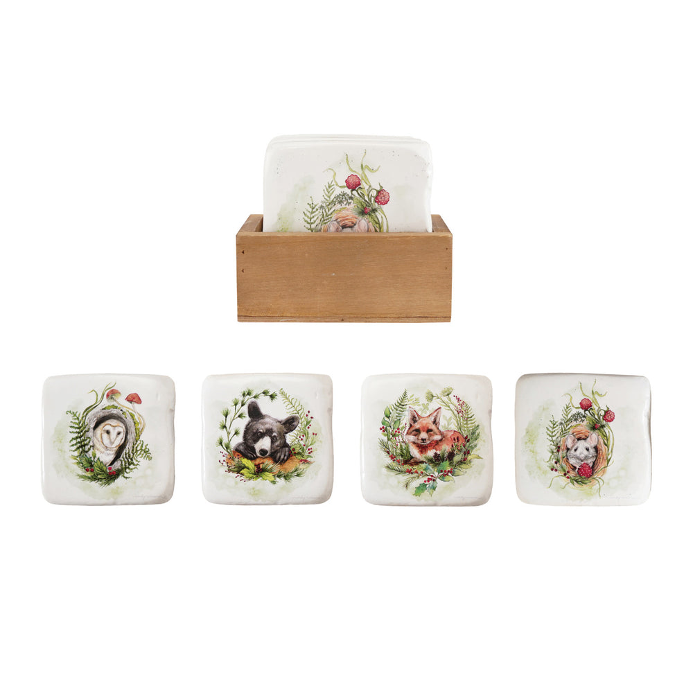 Resin Coasters with Woodland Animals & Seasonal Botanicals in Wood Box, Set of 5 ©