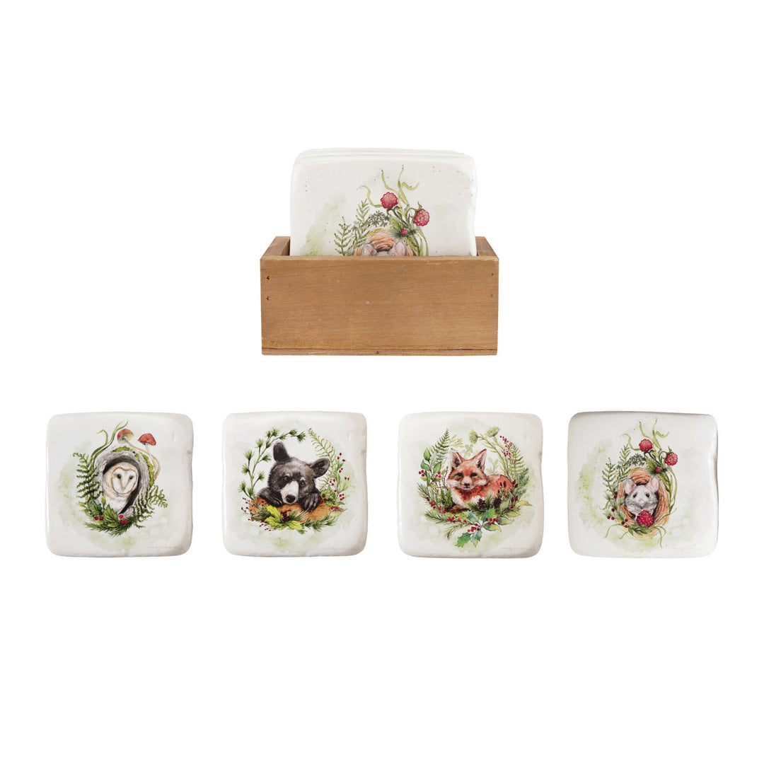 Resin Coasters with Woodland Animals &amp; Seasonal Botanicals in Wood Box, Set of 5 ©